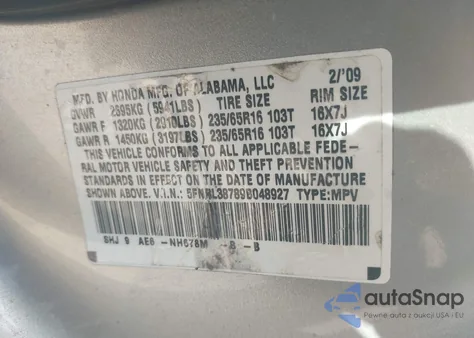 2009 Honda Odyssey Ex-L из США, поврежденный, VIN 5FNRL38789B048927